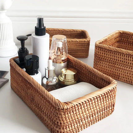 3 size Hand-woven Rattan Wicker Basket Fruit Tea Snack Bread Basket Cosmetic Rectangular Storage Box Household Kitchen Supplies