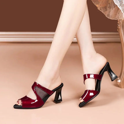 women fashion sweet wine red mesh breathable slip on high heel shoes lady