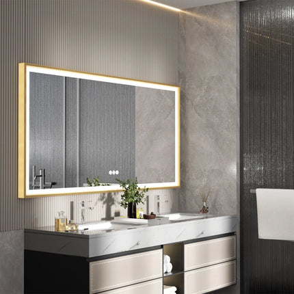 LED Bathroom Vanity Mirror Gold Frame Front Lighted Aluminum Rectangle Beveled Edge Tricolors Stepless Dimmable
