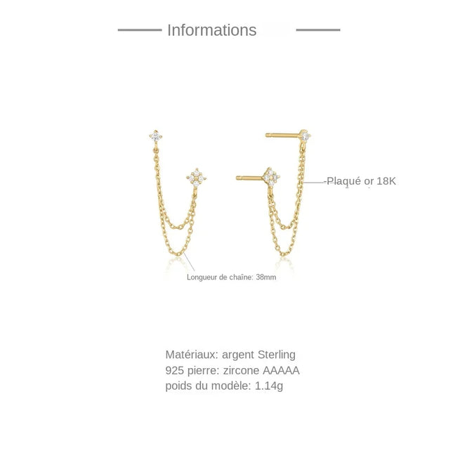 Aide 925 Sterling Silver Four Zircons Flower Stud Earrings For Women Double Studs Chain Tassel Piercing Earring 18K Gold Plated