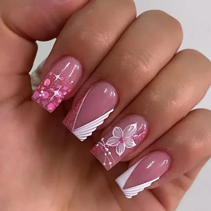 24Pcs Ladder-shaped Ballet False Nails with Glue Stripe Floral Nail
