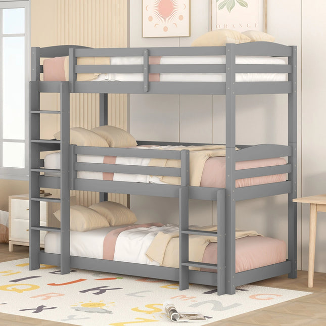 Triple Bunk Bed, Children's Bed, Single-Size, Solid Wood Bed, With Slatted Frame and Fall Protection, 90 x 200 cm, Gray