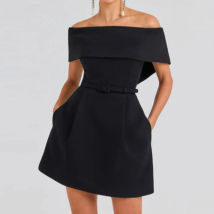 Slash Neck Off The Shoulder Solid Mini Dress, Women Spring Summer Patchwork Simple Party Dress, 2024 Short Sleeve Ladies Dress