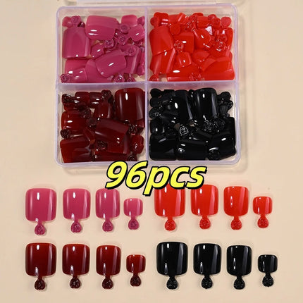 96Pcs-box Short Press On Toe Nails Red High Saturation Fake Toe Nails French