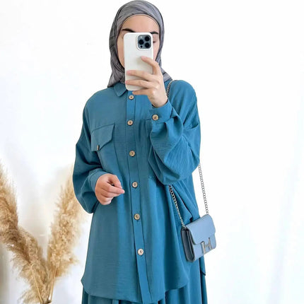 2-Piece Long Sleeve Shirt and Skirts Set for Women Elegant Abaya Dubai Turkey Islamic Casual Tops Monochromatic Skirt Fashion