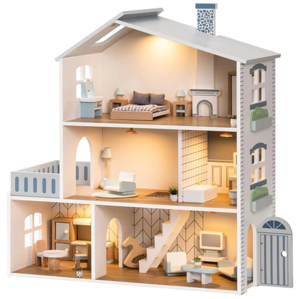 Robud Wooden Dollhouse 6 Rooms 29 Realistic Accessories 4-6" Dolls  Nordic Style Kids Toddlers Gift Ages 3+
