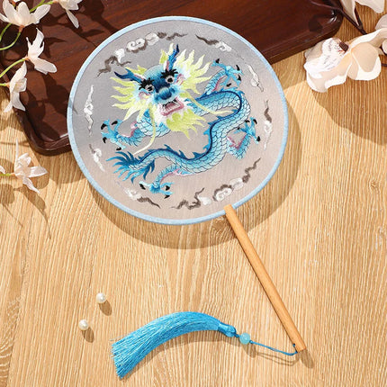 Embroidered Group Fan Ancient Style Fan Summer Long Handled Tassel Dance Hanfu Palace Fan Children's Cheongsam Round Fan