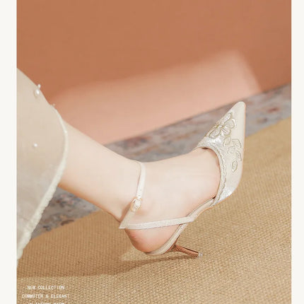 Women Fashion Pumps Woman 7cm Flower Heels High Heel Shoes Buckle Strap Silk Shallow Pointed Toe Sandals Lady Wedding Shoe white