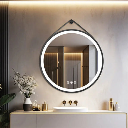 Round Mirror 600/700/800mm LED Bathroom Mirror Illuminated Wall Mirror Anti-fog Dimmable with Leather Belt