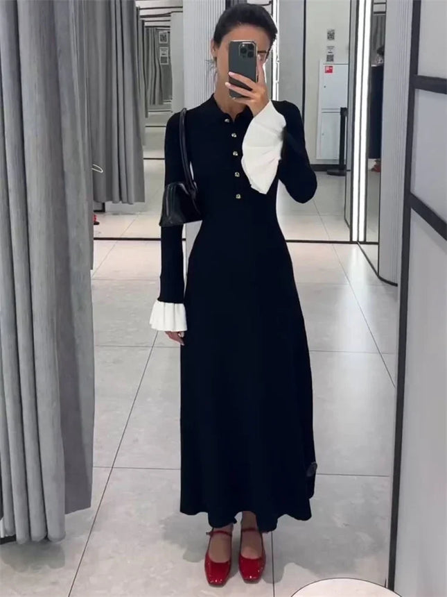 Tossy Female Ruffled Knitwear Long Dress Fashion Patchwork Slim Contrast Lapel Casual Party Dress Gown Women's Knit Maxi Dress