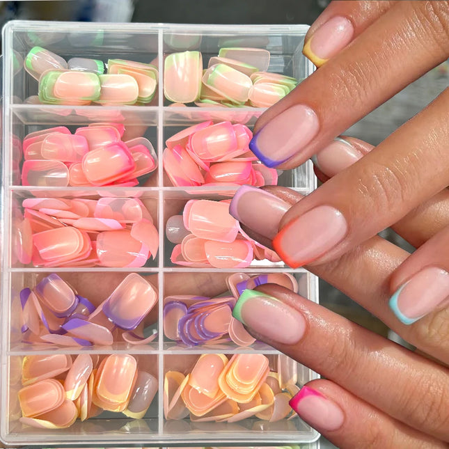 240PCS Candy Color French Short Square False Nails Pink/Green/Purple Full Cover