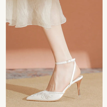 Women Fashion Pumps Woman 7cm Flower Heels High Heel Shoes Buckle Strap Silk Shallow Pointed Toe Sandals Lady Wedding Shoe white