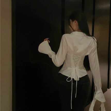 Gidyq Fashion Women Bandage Shirts Korean All Match Streetwear Female Slim Blouse Spring Casual White Bell Sleeve Shirt New