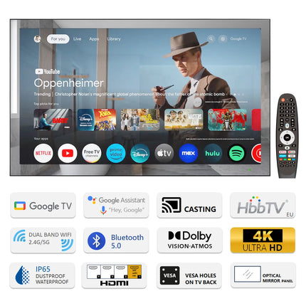 Soulaca 43inch Mirror TV Large Smart 4K Screen Vanishing IPX6 Waterproof for Bathroom SPA Google System WiFi Bluetooth