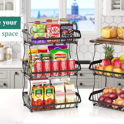 3 Tier Countertop Fruit Basket Bread Bowl with Wooden Top for Kitchen,Stackable Vegetable Onion Storage Wire Basket with Hangers