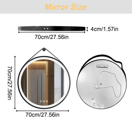 Round Mirror 600/700/800mm LED Bathroom Mirror Illuminated Wall Mirror Anti-fog Dimmable with Leather Belt
