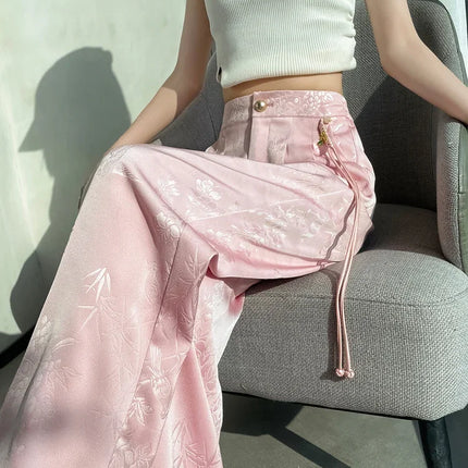 New Chinese Style Jacquard Wide Leg Satin Pants for Women Elegant Solid Office Lady Women's Casual Loose Pants Female