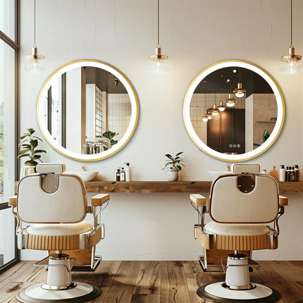 LUVODI 24 Inch Gold Frame Round Bathroom Mirror with Lights Illuminate Wall Vanity Mirror 3 Color Dimmable Anti-Fog Smart Mirror