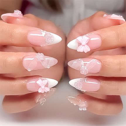 Blush Pink False Nails Bowknot Diamond Pearl 3D Design Press on Nail Tips