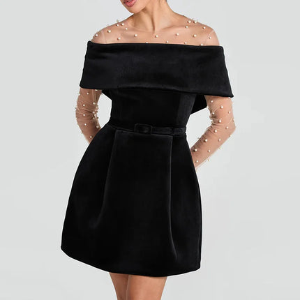 Slash Neck Off The Shoulder Solid Mini Dress, Women Spring Summer Patchwork Simple Party Dress, 2024 Short Sleeve Ladies Dress