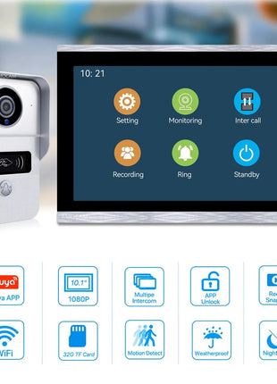 1080P 10 Inch Touch Screen Wifi Video Doorbell, Smart TUYA Home Video Intercom 32G Card Rceord Kit Motion Detection ID Unlcok