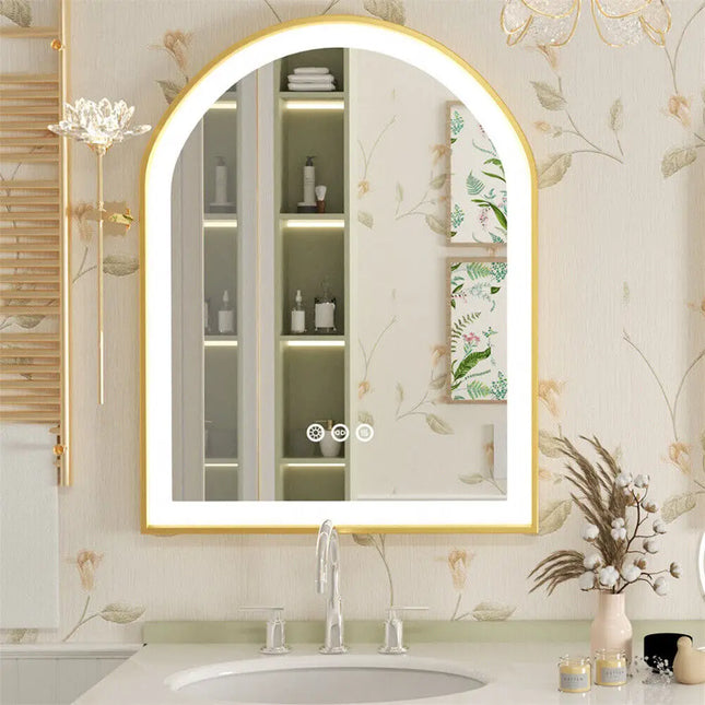 LUVODI High-end Bathroom Mirror with LED Lights Arch Framed Washroom Toilet Wall Dressing Makeup Mirror with Demister