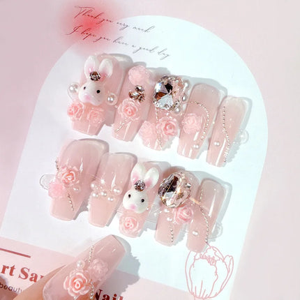 Blush Pink False Nails Bowknot Diamond Pearl 3D Design Press on Nail Tips
