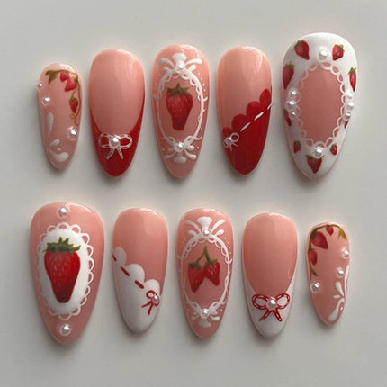 24PCS Wine Red Almond Press on Nails Cartoon Rabbit Bowknot