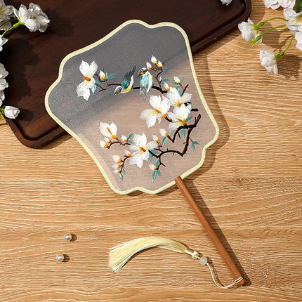 Embroidered Group Fan Ancient Style Fan Summer Long Handled Tassel Dance Hanfu Palace Fan Children's Cheongsam Round Fan