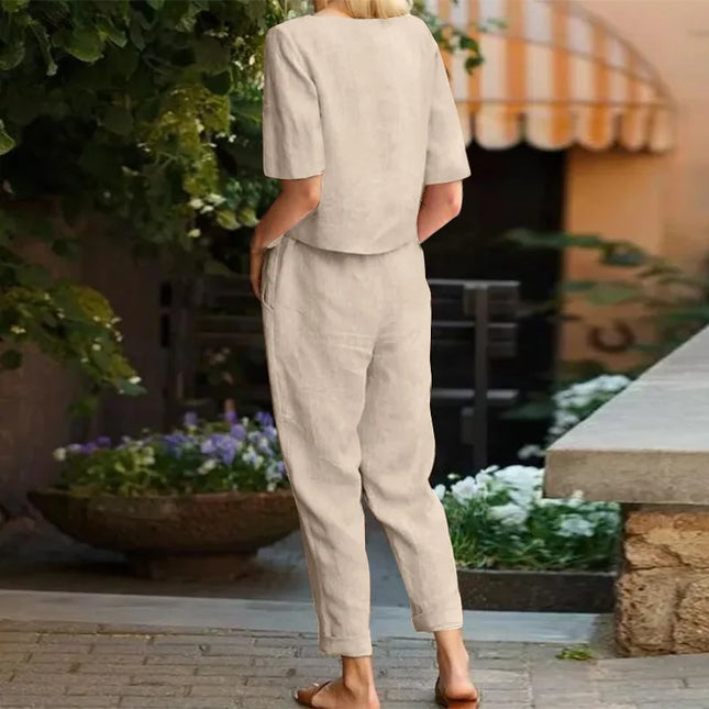 Women's Cotton Linen Suit Summer Matching Suit Half-sleeved Round Neck Tie Elastic Waist Trousers