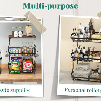 3 Tier Countertop Fruit Basket Bread Bowl with Wooden Top for Kitchen,Stackable Vegetable Onion Storage Wire Basket with Hangers