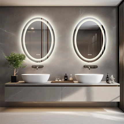 Oval LED Bathroom Mirror Dimmable Light Wall Mounted Makeup Mirror with Demist Illuminated Vanity Mirror