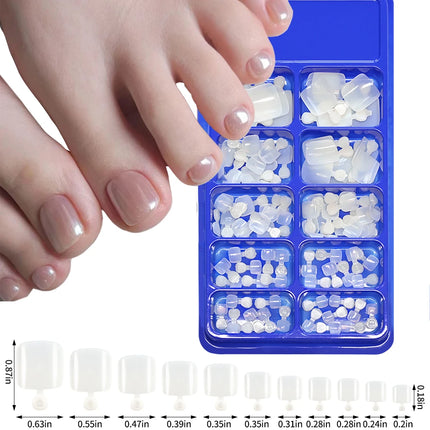 144pcs Short Square False Toe Nails Lake Blue/White/Red/Nude Press