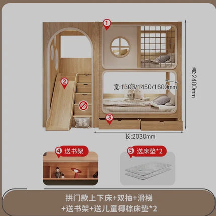 bunk bed tree house second floor same width children's  boy high and low  wood color child and mother slide