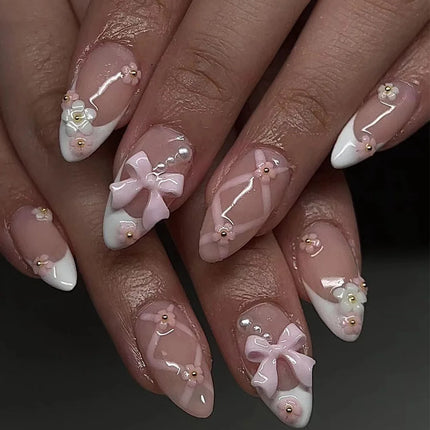 24pcs Sweet Cat Eye French Press on Nails Diamond-Pointed