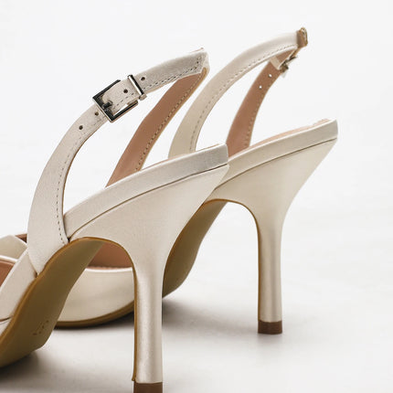 Women's Ivory Satin Pointed-Toe Slingback Heeled Sandals