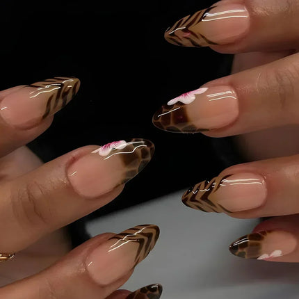 24pcs Leopard Print Almond Fake Press on Nails with Mini Flower Acrylic