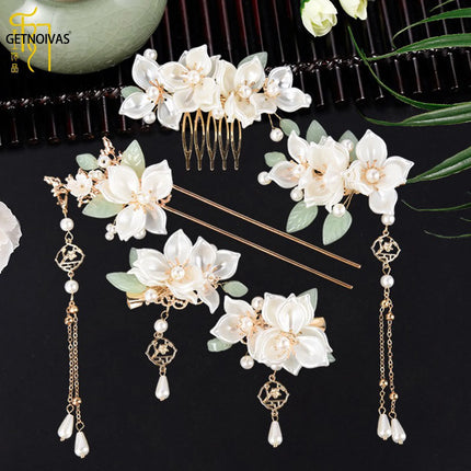 Chinese Hanfu Hair Accessories Set Long Tassel Vintage Hairpins Flower Handmade Hair Sticks For Women Traditional Retro Jewelry