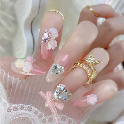 24Pcs Short Almond Press-On Nails Pink Floral French Tip Glossy&Elegant Full Cover
