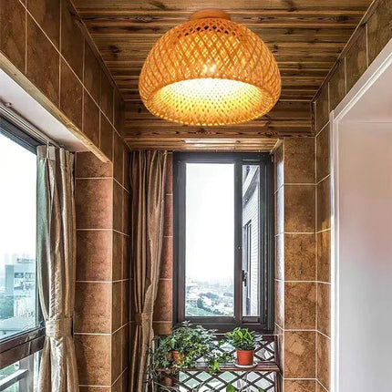 Handmade Boho Bamboo Wicker Ceiling Light Fixture Traditional Farmhouse Bedroom Nursery Hallway Corridor Mount Ceiling Light