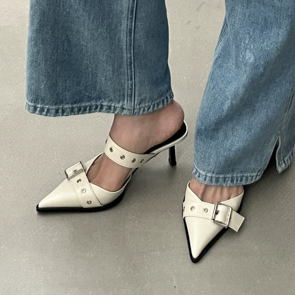 Punk Goth Metal Buckle High Heels Women's Sandals Summer 2024 Pointed Toe Silver Party Shoes Fashion Womens Pumps Shoes