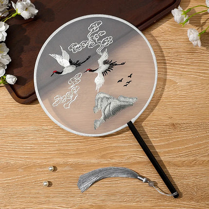 Embroidered Group Fan Ancient Style Fan Summer Long Handled Tassel Dance Hanfu Palace Fan Children's Cheongsam Round Fan