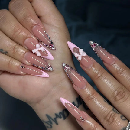 24pcs Sweet Cat Eye French Press on Nails Diamond-Pointed