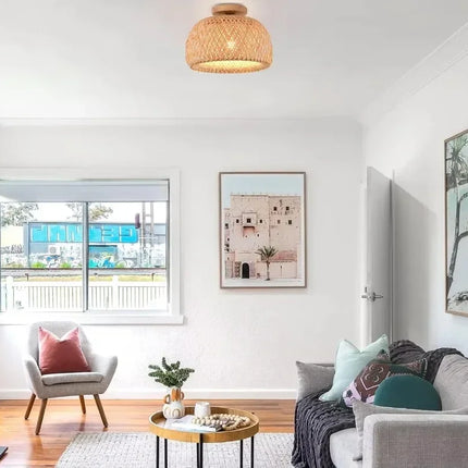 Handmade Boho Bamboo Wicker Ceiling Light Fixture Traditional Farmhouse Bedroom Nursery Hallway Corridor Mount Ceiling Light