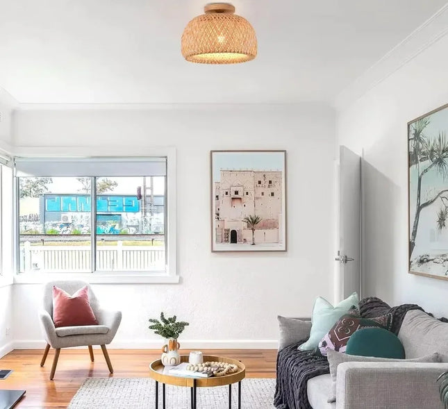 Handmade Boho Bamboo Wicker Ceiling Light Fixture Traditional Farmhouse Bedroom Nursery Hallway Corridor Mount Ceiling Light