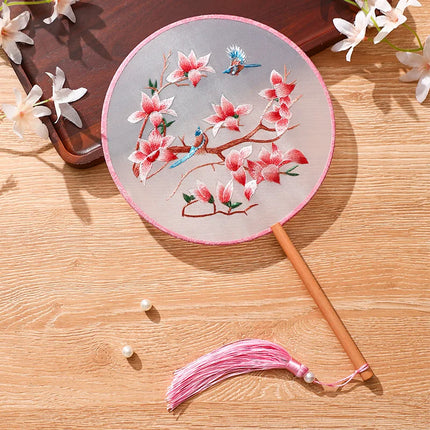 Embroidered Group Fan Ancient Style Fan Summer Long Handled Tassel Dance Hanfu Palace Fan Children's Cheongsam Round Fan