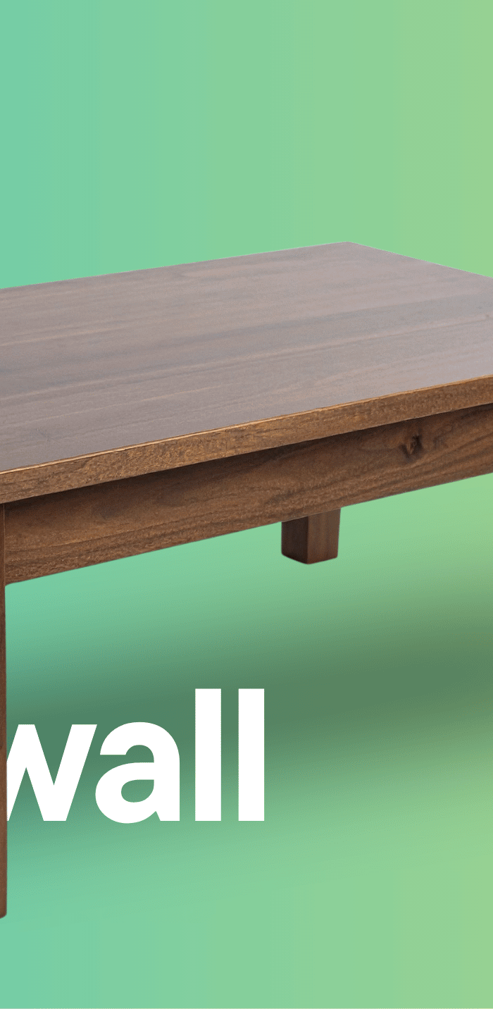 Three wooden tables displayed against a gradient background with 'Tables at Gardall' text.