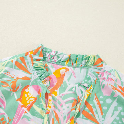 Green Abstract Floral Ruffle Trim Flutter Sleeve Buttoned Dress