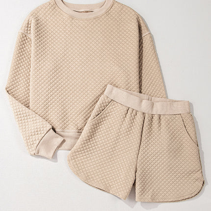 Parchment Solid Color Quilted Long Sleeve Top and Shorts Set