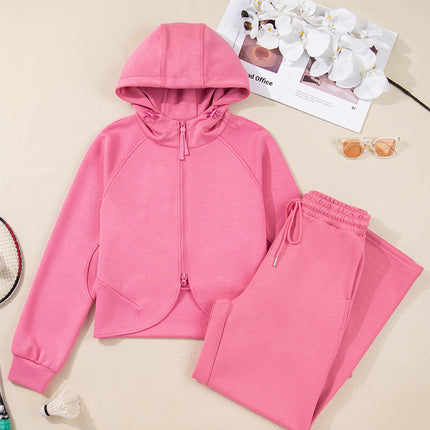 Pink Solid Color Zip Up Hoodie Drawstring Loose Pants Set